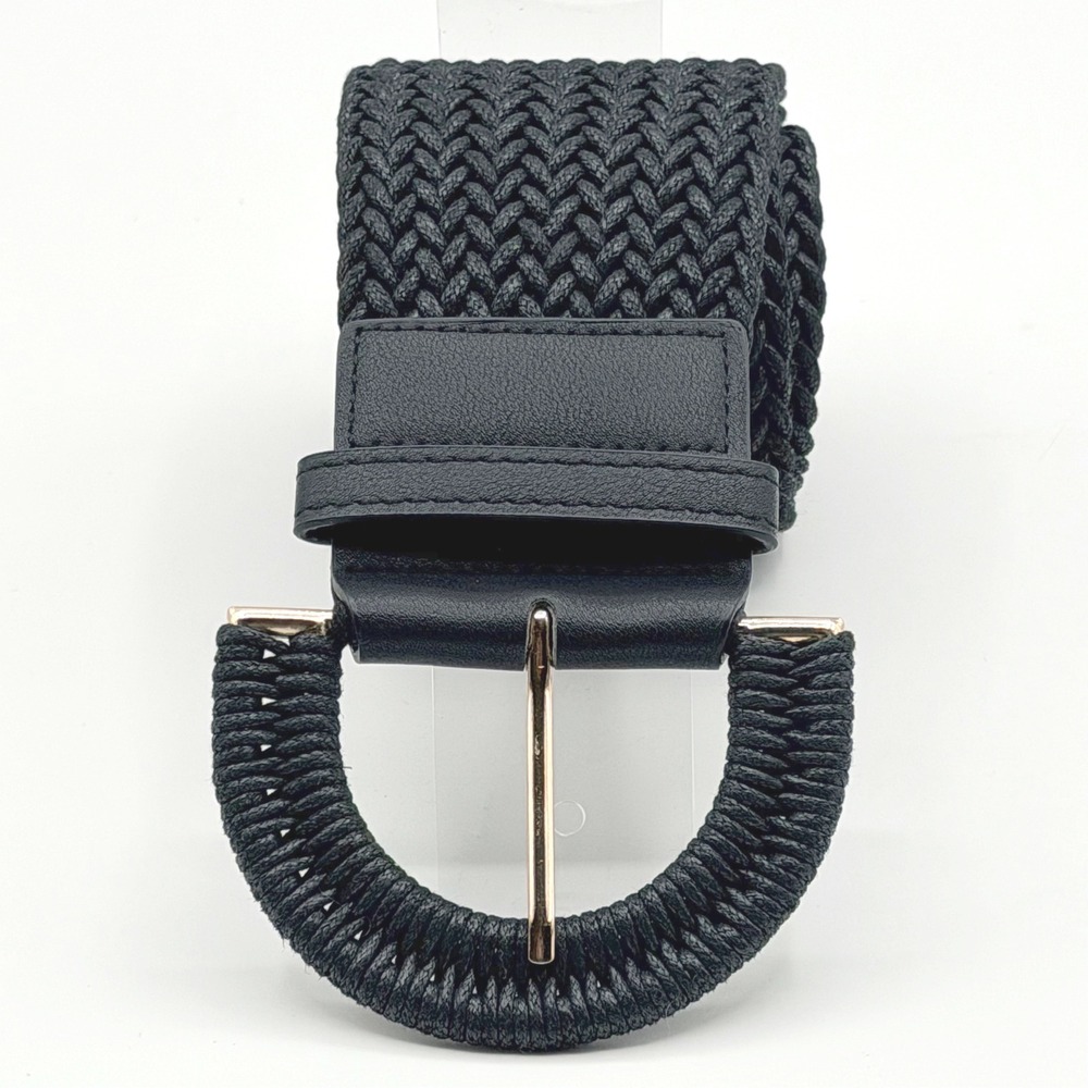 Womens‎ Black Braided Elastic Waist Belt Wide Woven Cinch Gold Horseshoe Buckle